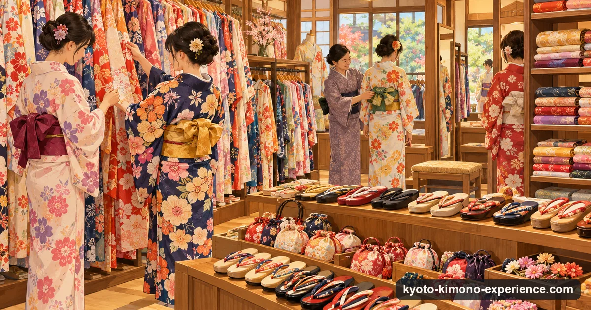 Illustration: a rack of colourful kimono and folded obi in a Kyoto rental shop, with sandals and small bags laid out below