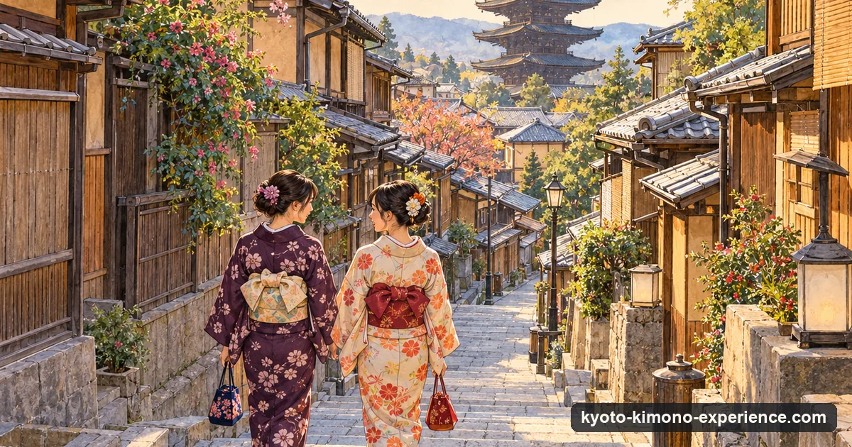 Illustration: two friends in kimono walking down the stone steps of Sannenzaka in the early morning, with the Yasaka pagoda in the distance and few people about