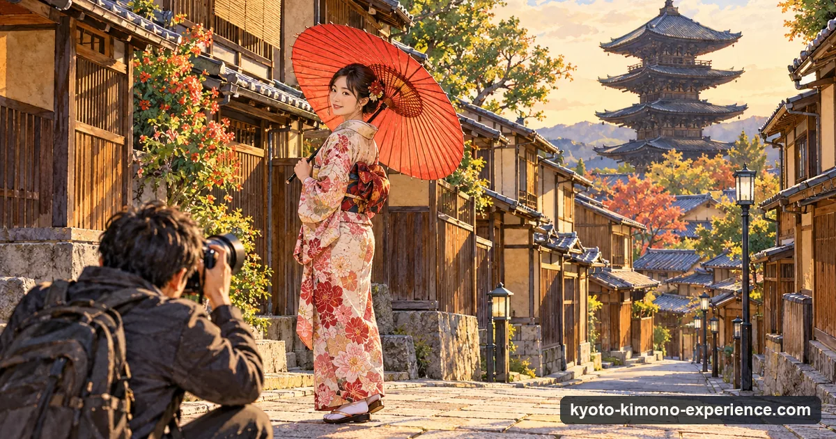 Illustration: a woman in a kimono with a paper umbrella posing on a stone-paved lane of wooden houses in Higashiyama while a photographer crouches to take the picture