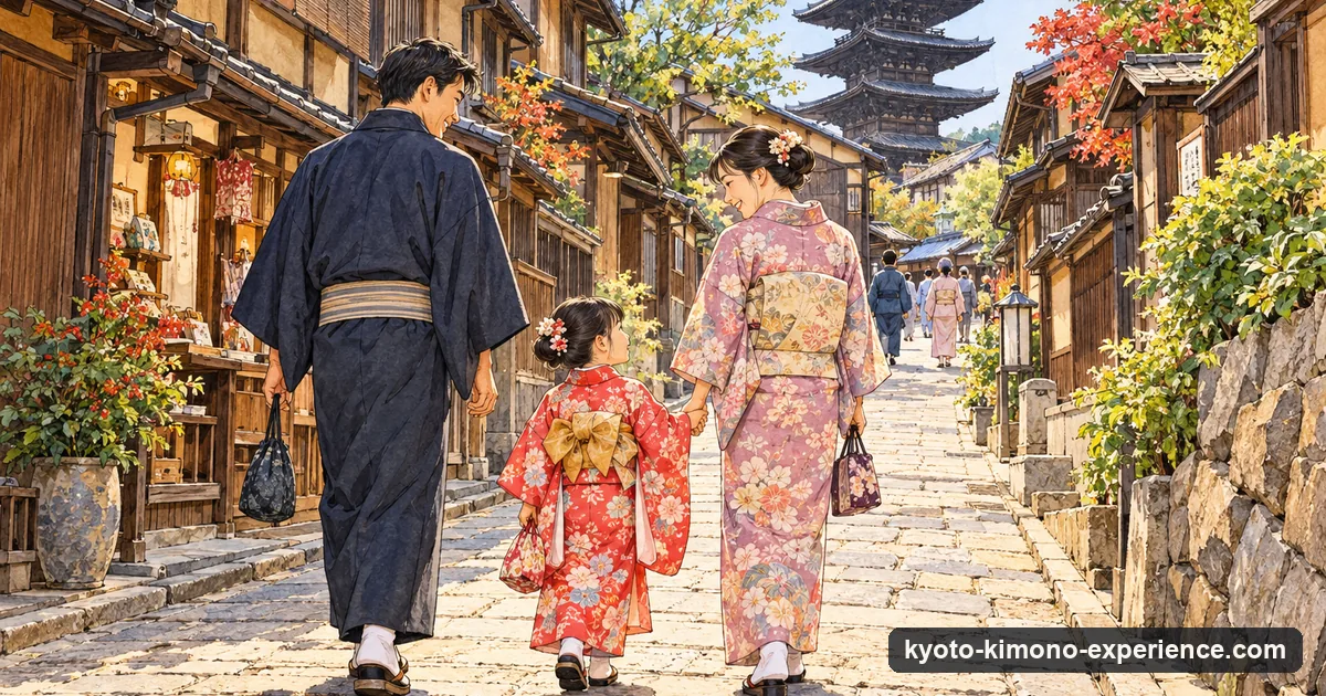 Illustration: a family in kimono walking up a stone-paved lane in Higashiyama, the father in a dark kimono, the mother and a young daughter in patterned kimono