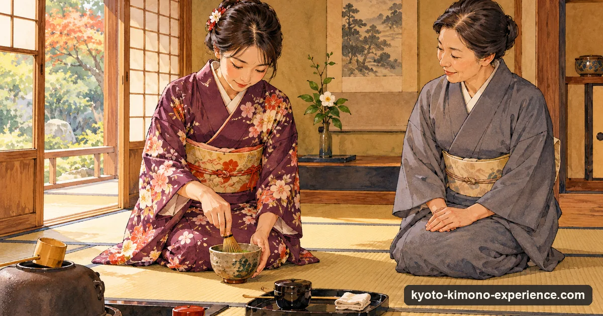 Illustration: a guest in a kimono kneeling on tatami and whisking matcha in a tea bowl, with a tea instructor beside her and a hanging scroll behind
