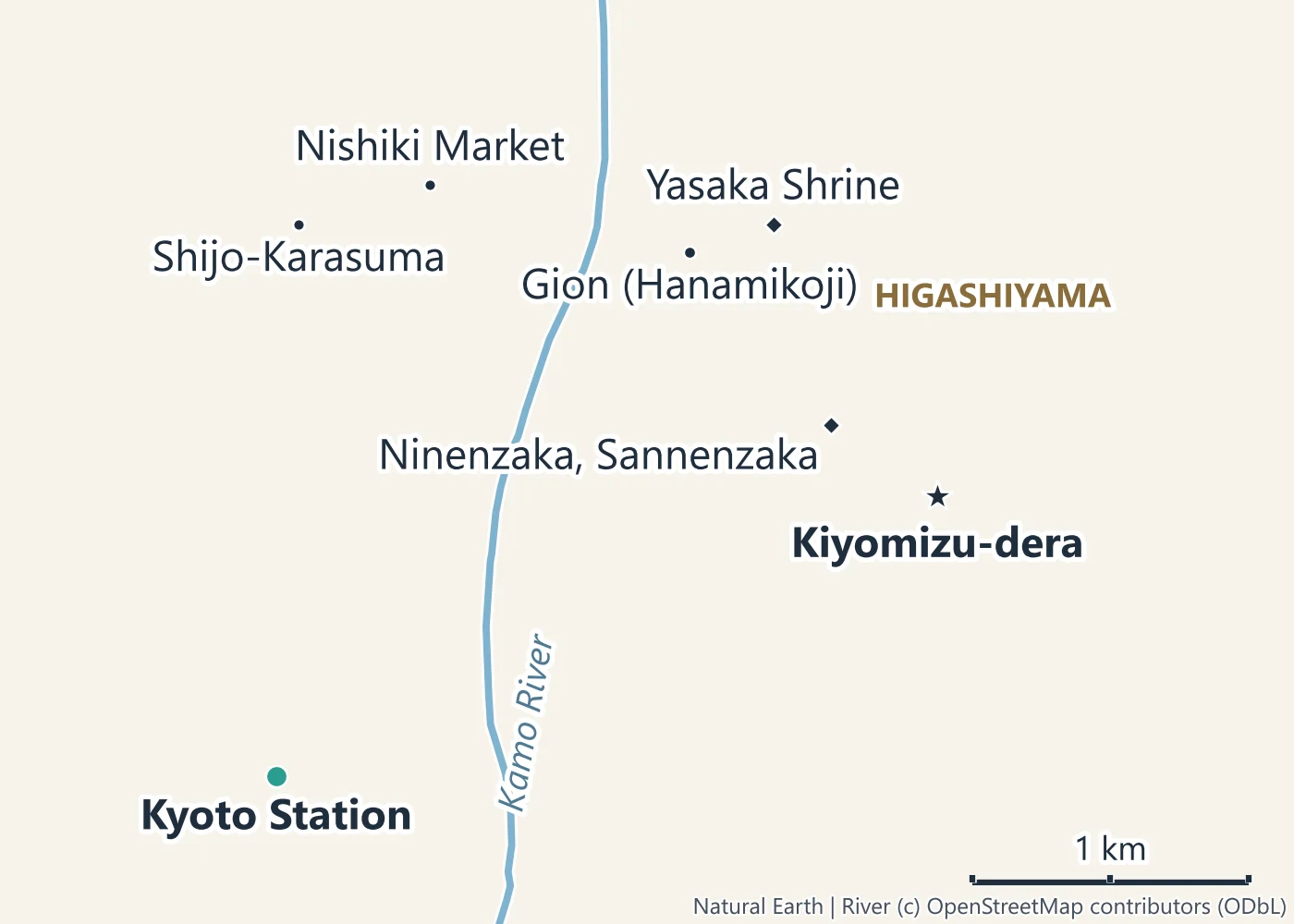 Map of central Kyoto with Kyoto Station, Shijo-Karasuma, Nishiki Market, Gion and Hanamikoji, Yasaka Shrine, the Ninenzaka and Sannenzaka slopes and Kiyomizu-dera in Higashiyama, east of the Kamo River
