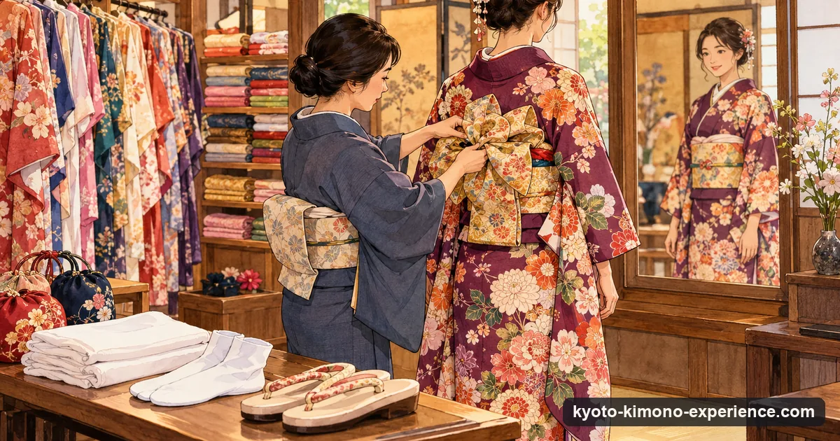 Illustration: a dresser in a Kyoto rental shop tying an obi on a guest wearing a kimono, with folded undergarments, tabi socks and zori sandals on a low table